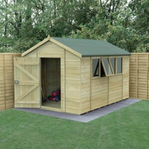 Wooden garden shed with pitched roof in landscaped garden