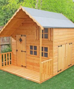 7x8 Shire Crib Kids Two-Storey Wooden Playhouse with veranda, garage doors, and shutters