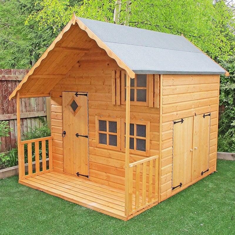 7x8 Shire Crib Kids Two-Storey Wooden Playhouse with veranda, garage doors, and shutters