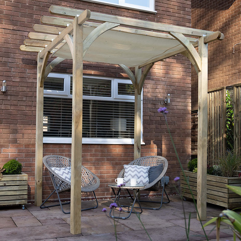 Forest Ultima 8×8 wooden pergola with smooth-planed timber and retractable grey canopy