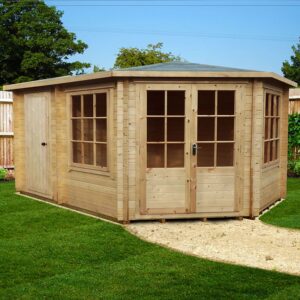 Corner shed maximising garden space