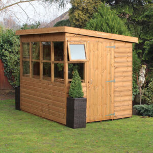Garden shed with guttering and water butt connection