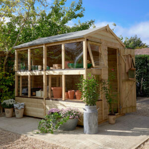 Garden shed beside vegetable plot in full sun