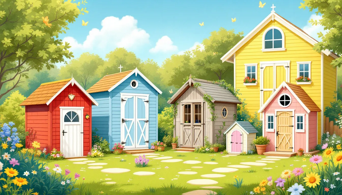 Different sizes of garden sheds arranged in a display area.