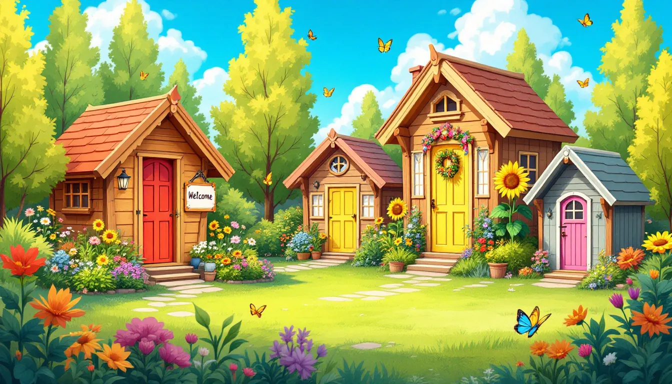 A variety of customizable wooden sheds displayed in a garden setting.