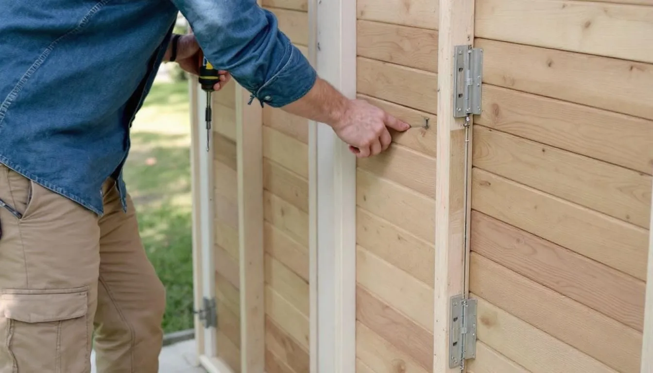 A person is assembling a Keter shed, demonstrating the tongue and groove panel system, which is designed for durability and weather resistance. The scene captures the outdoor space filled with natural light, highlighting the shed's sturdy construction ideal for storing gardening equipment and other garden accessories.
