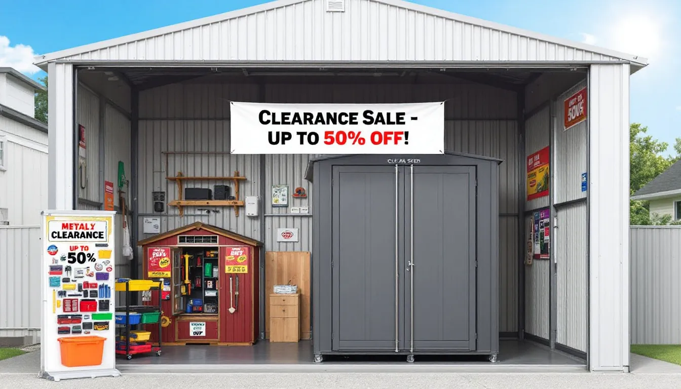 A metal shed clearance event with various models displayed.