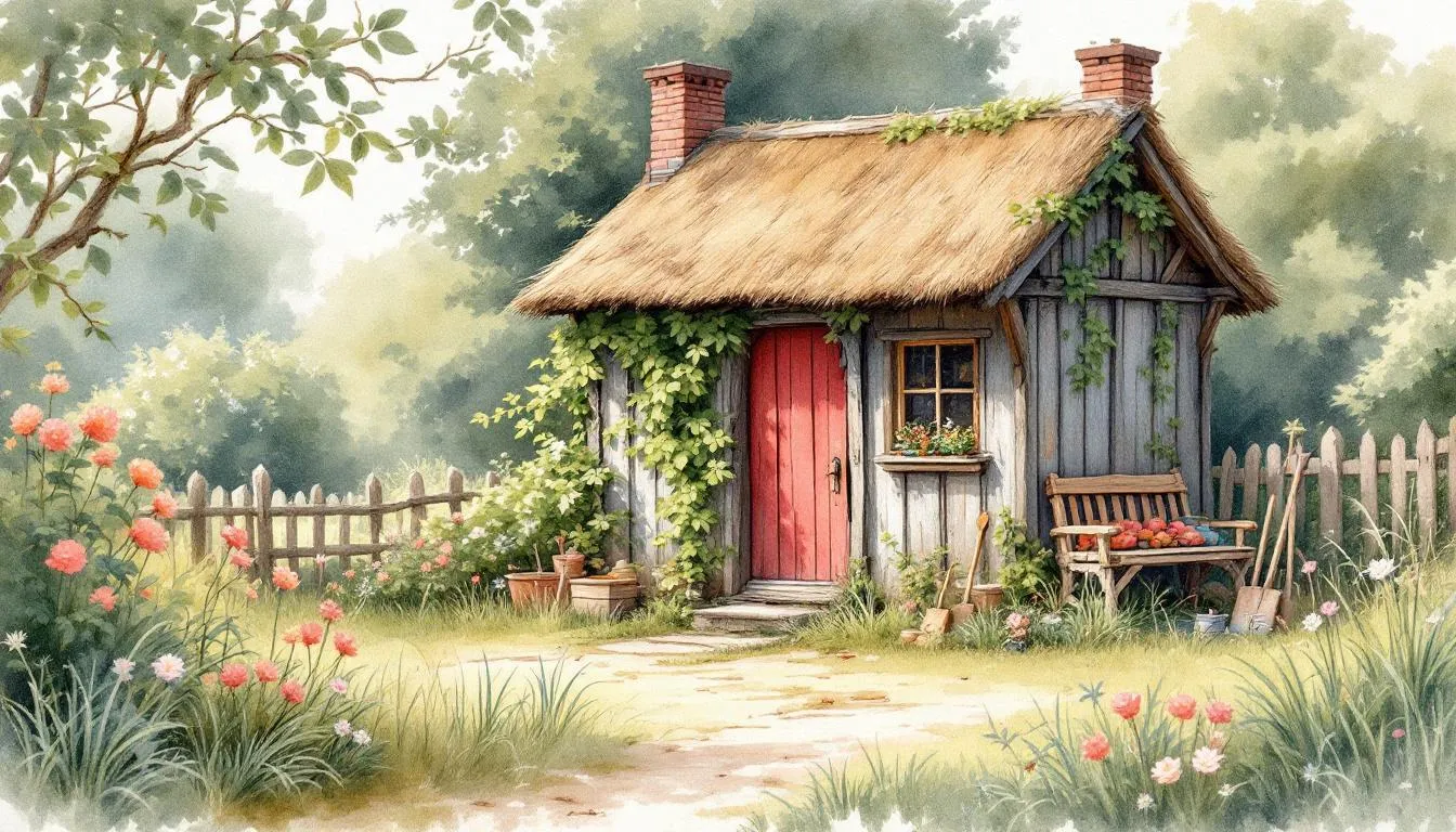 A pent shed in a garden setting.