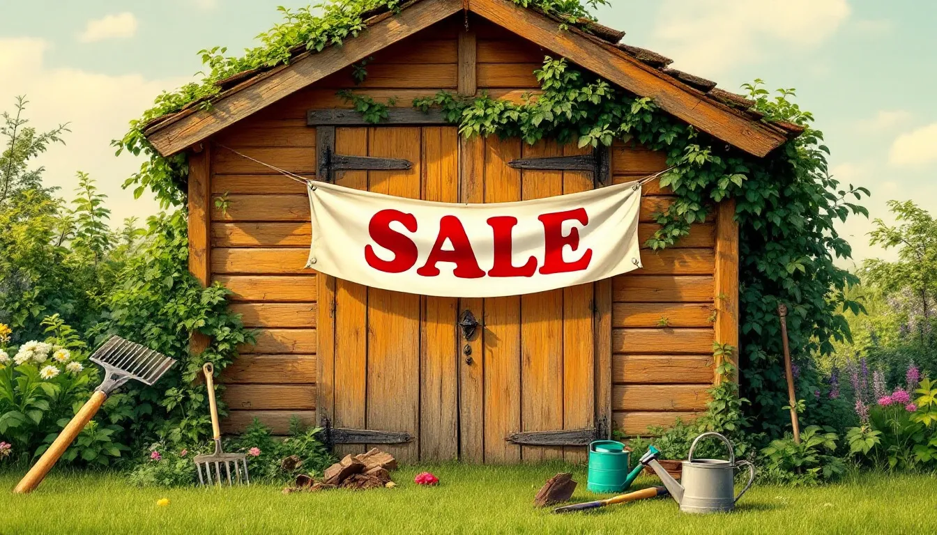 A wooden shed on sale, showcasing its design and features.