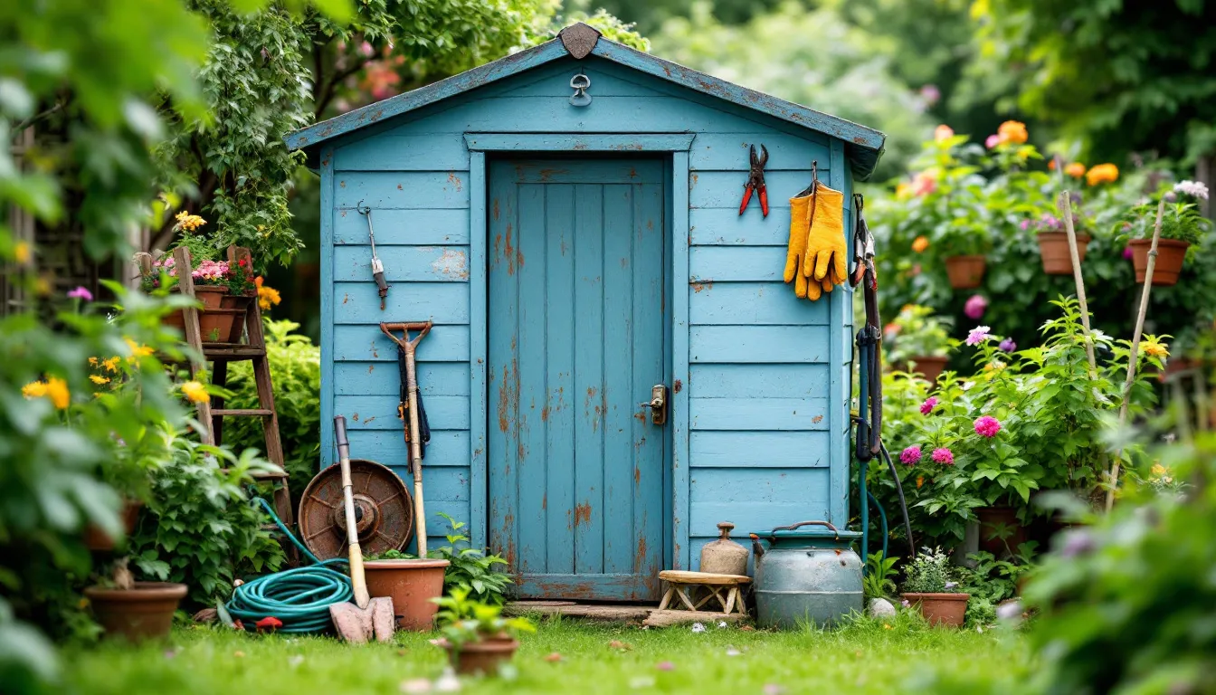 A plastic shed featured among tools and equipment.