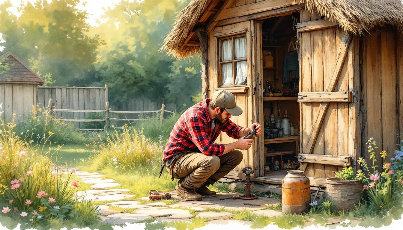 A person performing maintenance on a pent shed.