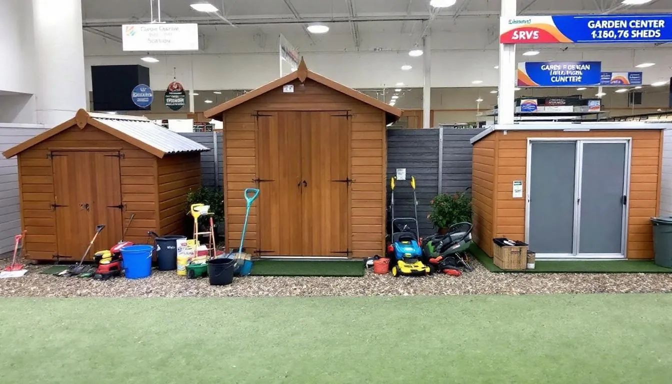 A vibrant garden center display showcases a wide range of garden sheds in various sizes and styles, including traditional wooden garden sheds and modern designs with double doors. The setup highlights the potential for creating extra space in outdoor areas, perfect for storing gardening equipment or transforming into a leisure space.
