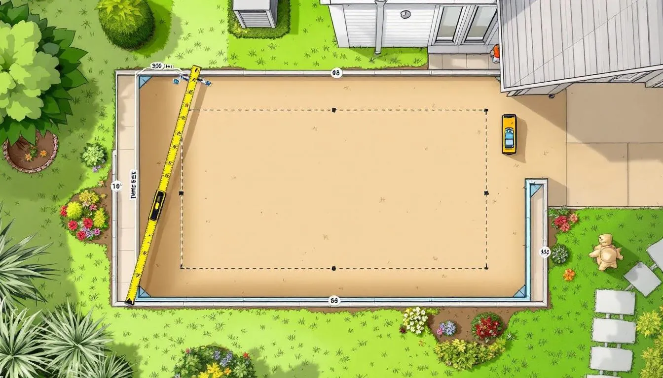 A garden area with a marked location for a shed base.