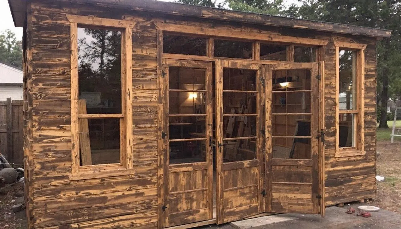 A spacious wooden workshop shed features large windows and double doors, providing ample natural light and easy access for storing gardening equipment and tools. This durable garden shed offers a contemporary feel, making it a popular choice for outdoor spaces and extra leisure space in the garden.