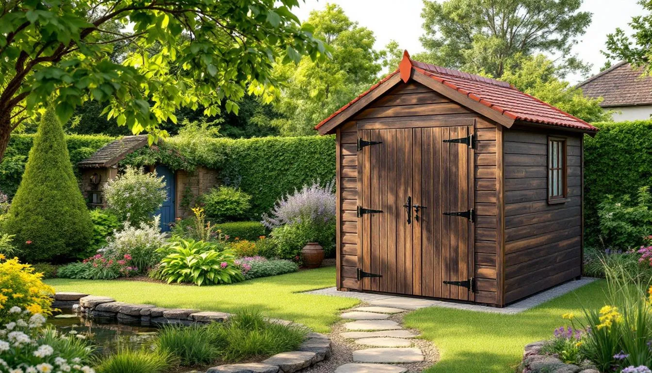 A traditional wooden garden shed with an apex roof stands in a well-maintained garden, surrounded by lush greenery and flowers, providing an ideal outdoor space for storing gardening equipment. The shed features double doors, allowing easy access and adding a charming touch to the garden space.