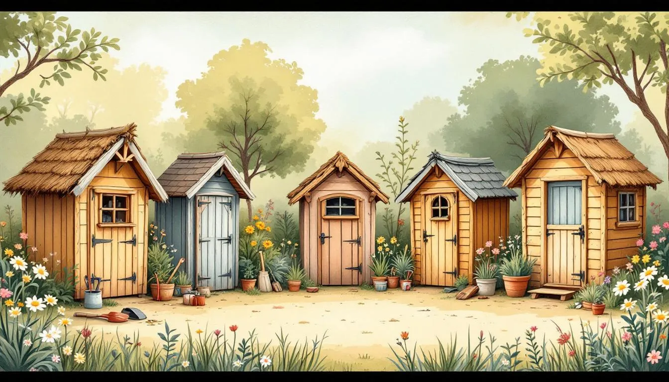 An overview image of various shire sheds in a garden setting.