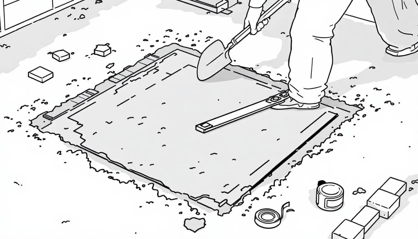 Preparing the ground for a shed base with tools and materials.