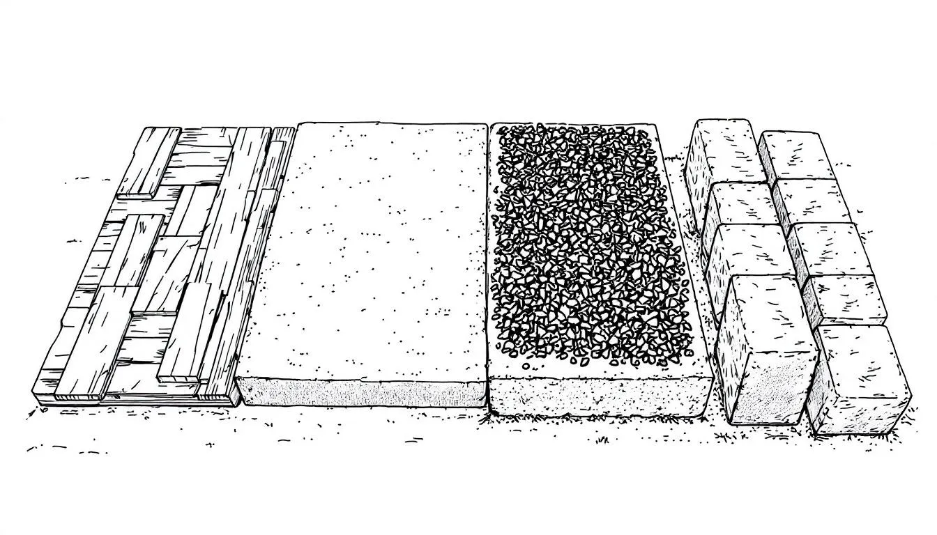 Different materials for shed bases displayed together.