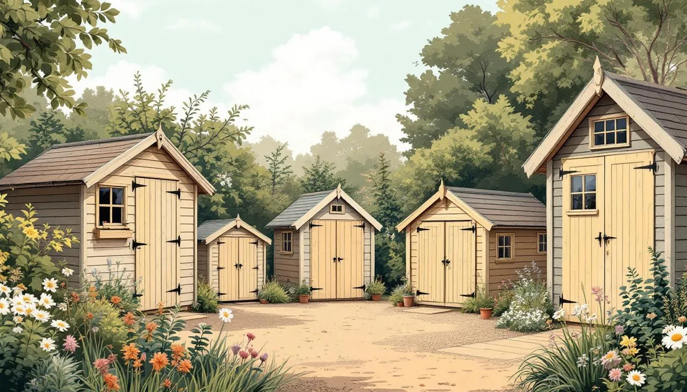 Different styles and sizes of pentland sheds displayed together.