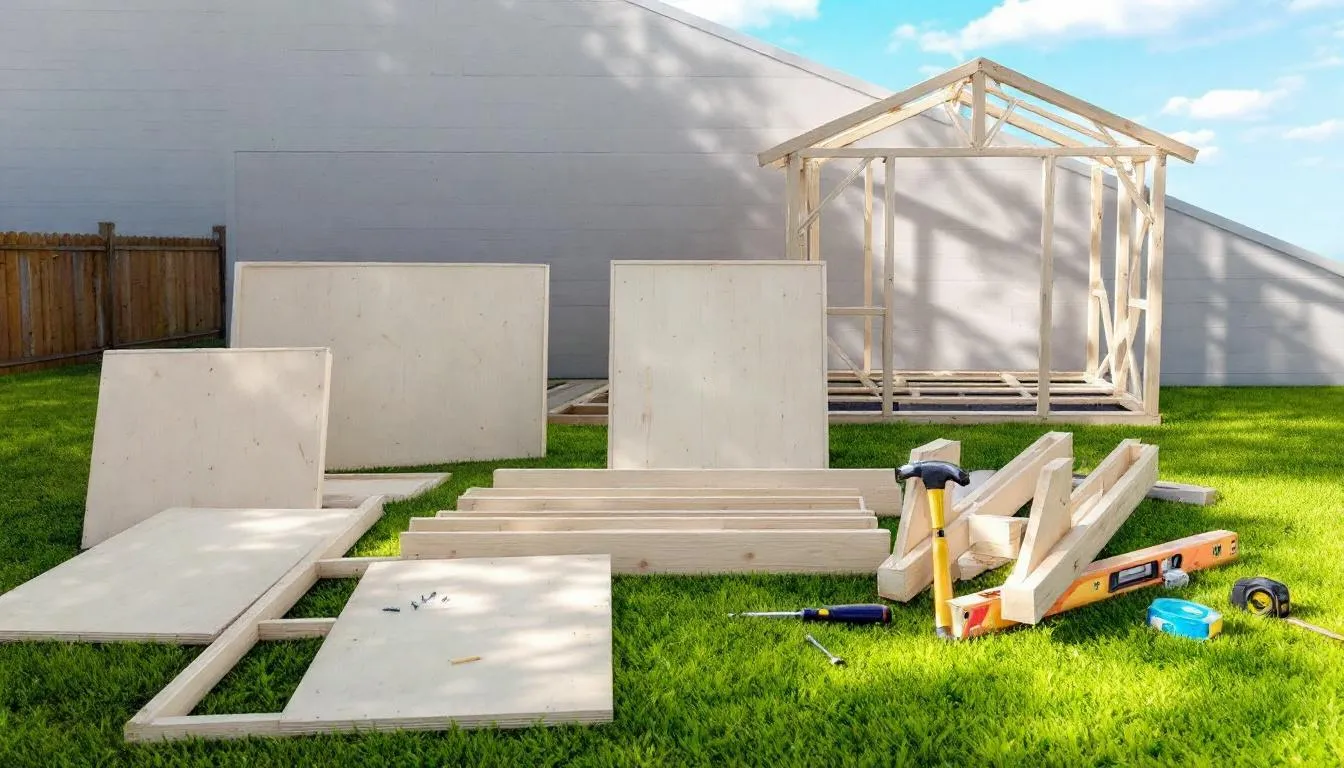 The image depicts the assembly process of a wooden garden shed, showcasing various components such as walls, a roof, and double doors, alongside essential tools like a hammer and screwdriver. This visual representation highlights the steps involved in constructing a durable storage shed for outdoor spaces, emphasizing the quality and modern styles available in the market.