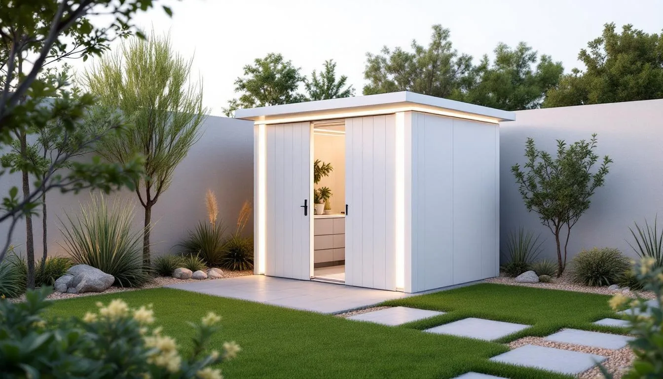 A modern plastic storage shed with translucent roof panels is nestled in a contemporary garden, providing ample natural light and easy access for storing gardening equipment. The shed features double doors and a sleek design, enhancing the overall aesthetic of the outdoor space.