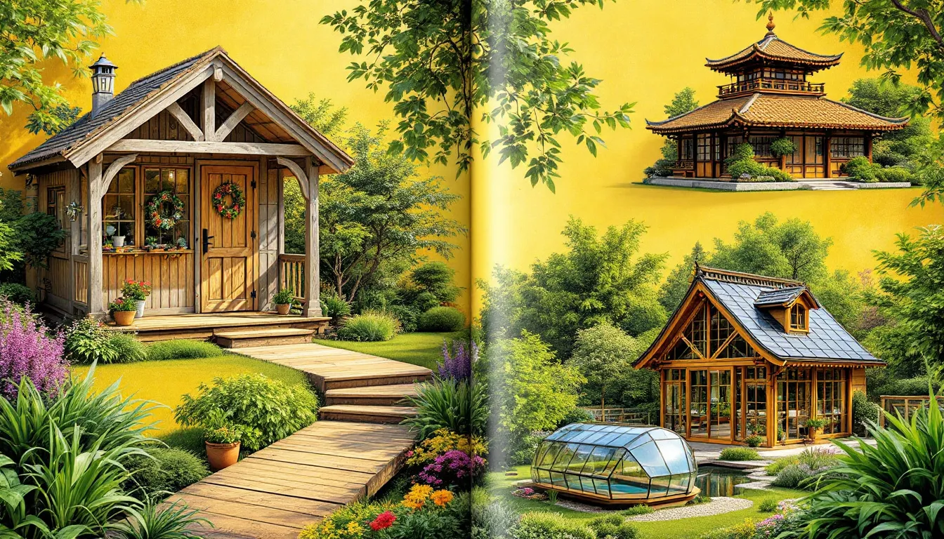 Unique garden buildings on sale, showcasing different styles.