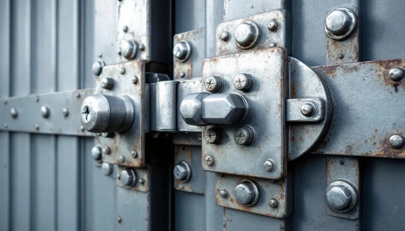 A close-up view of a heavy-duty security lock on a reinforced door frame of a metal shed, showcasing its durable construction and lockable doors designed to protect garden tools and belongings. The galvanized steel frame emphasizes the shed's strength and security as a reliable storage solution.