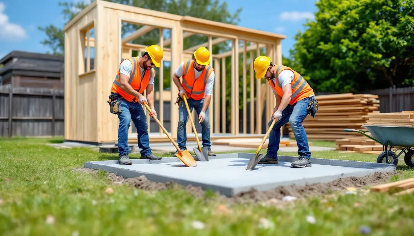 A professional shed installation team is diligently preparing the foundation for a garden shed, showcasing their quality service and expertise. The workers are using various tools to ensure the best results for a durable and long-lasting structure.