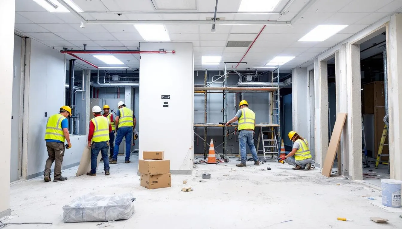 The image depicts a bustling construction site where workers are actively renovating the interior of a space, possibly for a new venue in Glasgow. The scene captures the energy of the moment, reflecting the community's anticipation for upcoming events at the nightclub, which may soon pay homage to its original name.