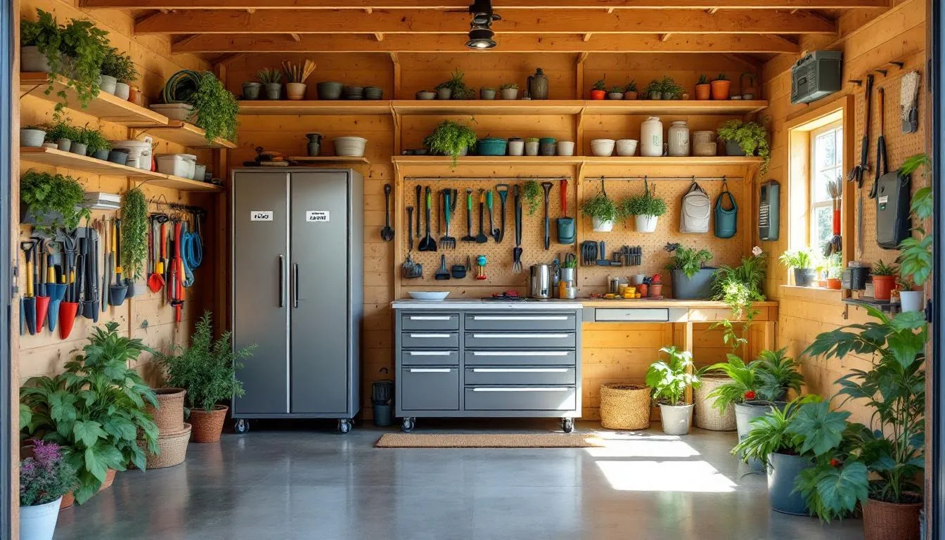 The image depicts the interior of a well-organized garden shed, showcasing efficient storage solutions for tools and equipment. The space is designed to maximize functionality, featuring shelves and hooks that keep items neatly arranged, perfect for maintaining an outdoor space.