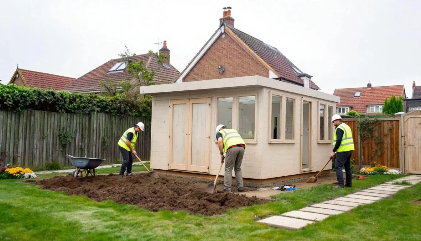 A professional installation team is seen setting up a sturdy foundation for a summerhouse in a Kent garden, surrounded by greenery. The friendly team works meticulously to ensure the garden building is positioned perfectly, showcasing the quality craftsmanship expected in garden rooms and log cabins.