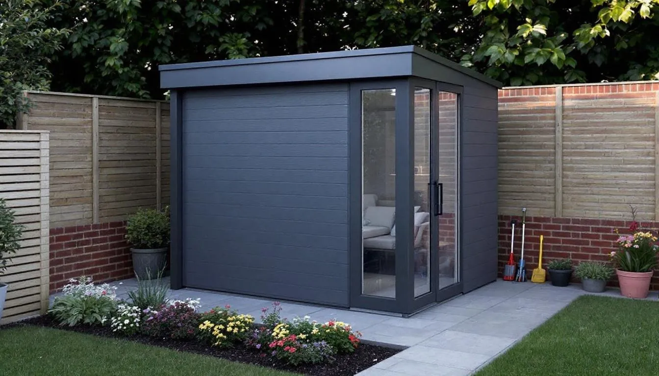 A modern garden shed installation is showcased in a typical Birmingham residential garden, featuring a high-quality timber building with double doors and windows. The shed provides extra storage space for gardening tools, highlighting the superb value and great customer service offered by the installation company.