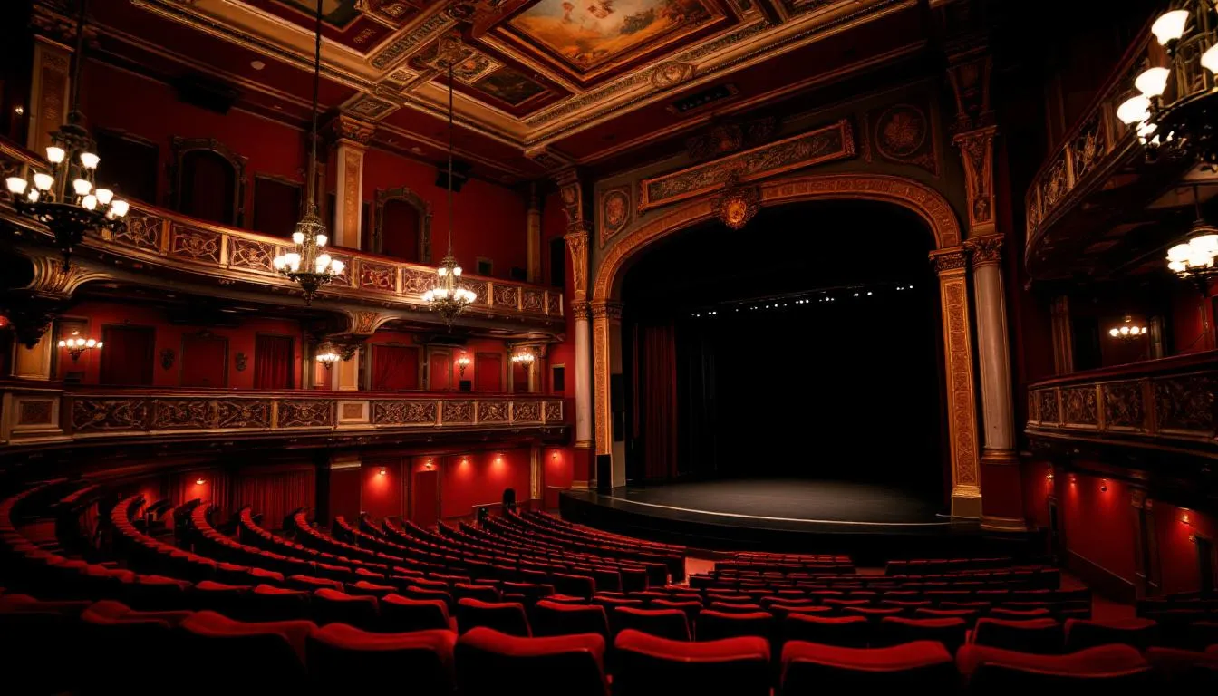 The image depicts a traditional theatre interior featuring plush red velvet seats arranged in a semi-circle, surrounded by ornate architectural details, creating an inviting atmosphere for a play. The elegant design suggests a welcoming space for audiences to enjoy shows and experience the vibrant life of the theatre world.