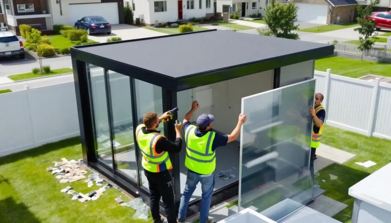 In the image, professional workers are engaged in the installation process of a modern garden shed, showcasing quality craftsmanship and teamwork. The scene highlights the meticulous work involved in creating durable and stylish sheds, emphasizing the service and expertise provided by the installation team.