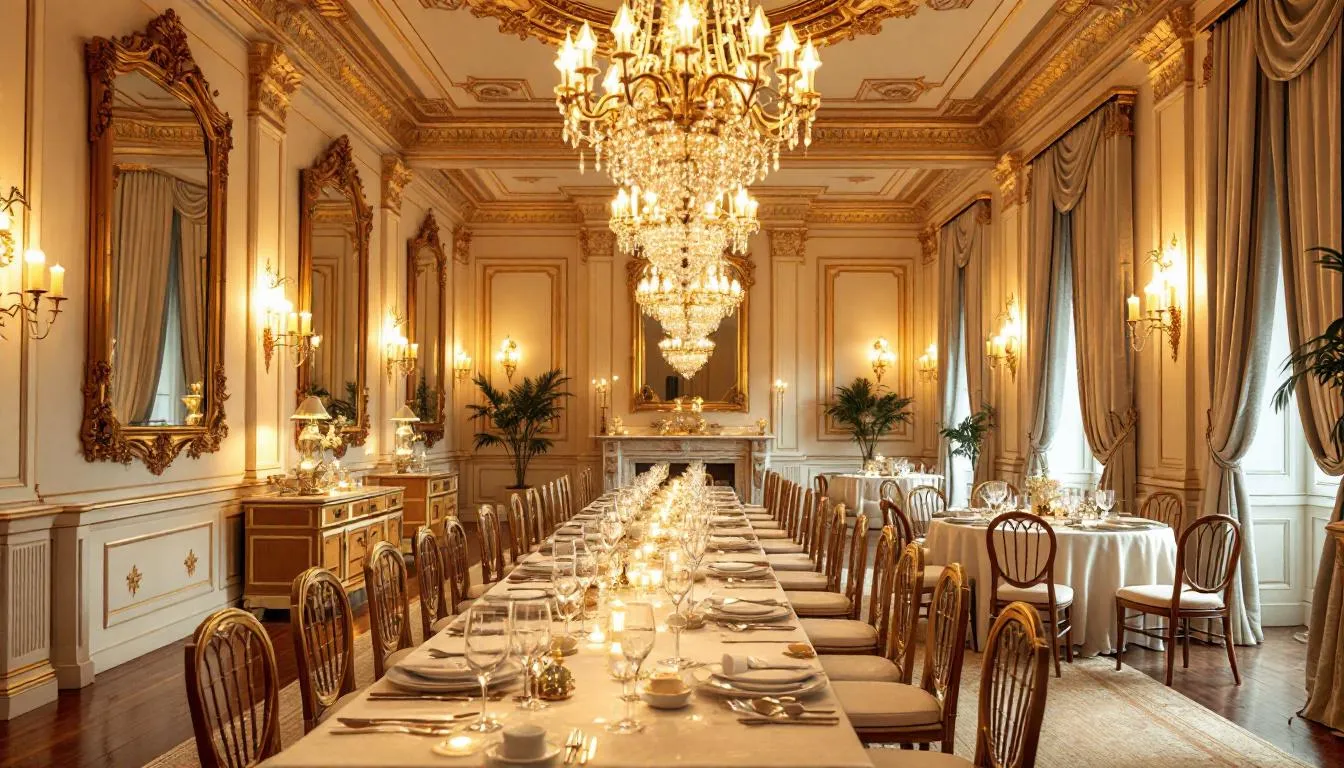 In this image, an elegant 1920s event space is beautifully adorned with ornate decorations, featuring a formal dining setup that evokes a sense of sophistication and grandeur, reminiscent of the vibrant atmosphere of Glasgow's nightlife. The venue, potentially linked to community celebrations and events like Marlborough nights, showcases an inviting ambiance perfect for memorable gatherings.