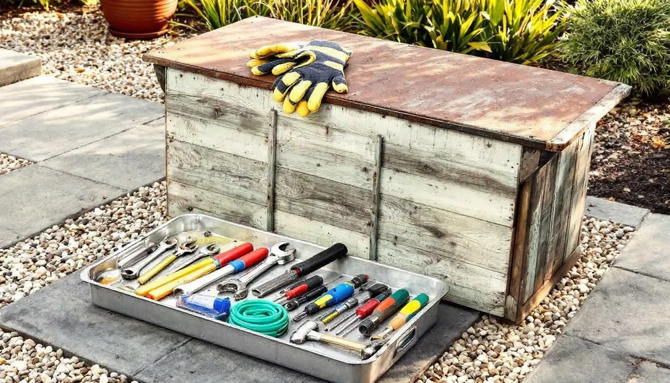 An outdoor storage box made of durable materials sits in an outdoor space, surrounded by neatly arranged maintenance tools and supplies, including gardening tools and accessories. This waterproof garden storage option provides easy access and a clutter-free solution for organizing garden essentials.