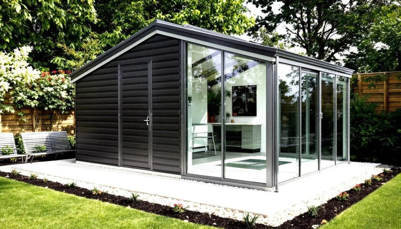 A modern storage shed greenhouse combo is showcased in a well-maintained garden, featuring a half-glazed greenhouse section made with toughened safety glass and a solid storage area for gardening tools and equipment. This combination building provides dedicated space for growing plants while offering convenient storage solutions for gardening supplies.