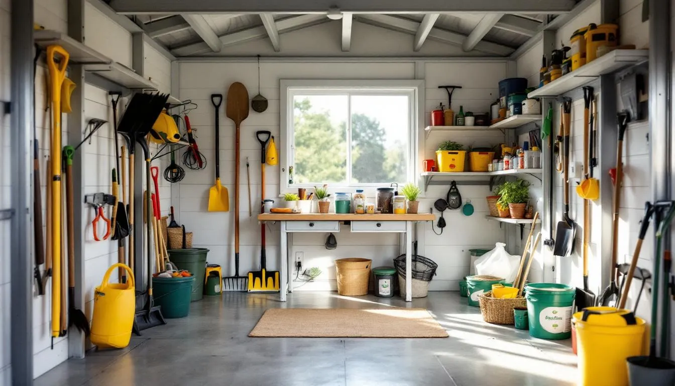 The image depicts the interior of a well-organized composite garden shed, showcasing an efficient storage solution for various gardening tools and equipment. The space features durable, weather-resistant materials, allowing for low maintenance and optimal organization of outdoor storage items.