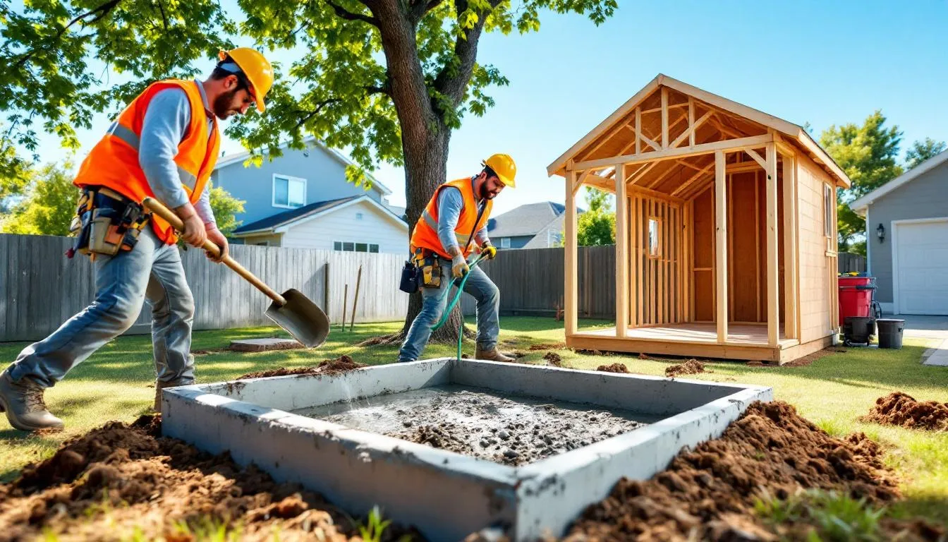 A professional installation team is seen setting up a sturdy foundation for a garden shed, ensuring a secure base for the wooden garden shed that will serve as a functional space for storing gardening equipment and tools. The team is using high-quality materials to create a durable and reliable structure in the outdoor space.