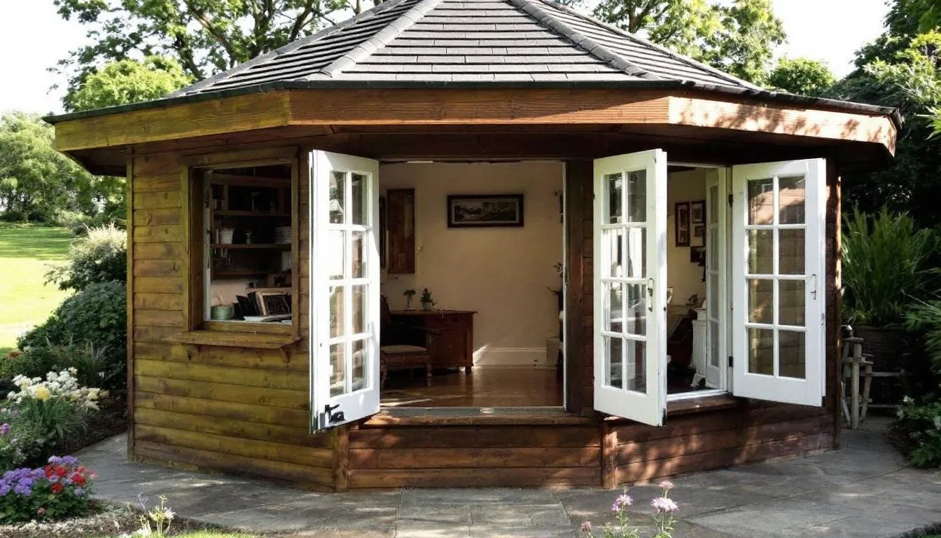 A traditional timber summerhouse in a Kent garden features an octagonal roof and Georgian windows, surrounded by a lush green landscape. This charming garden building offers a relaxing space, showcasing quality craftsmanship with groove shiplap cladding and double doors for easy access.