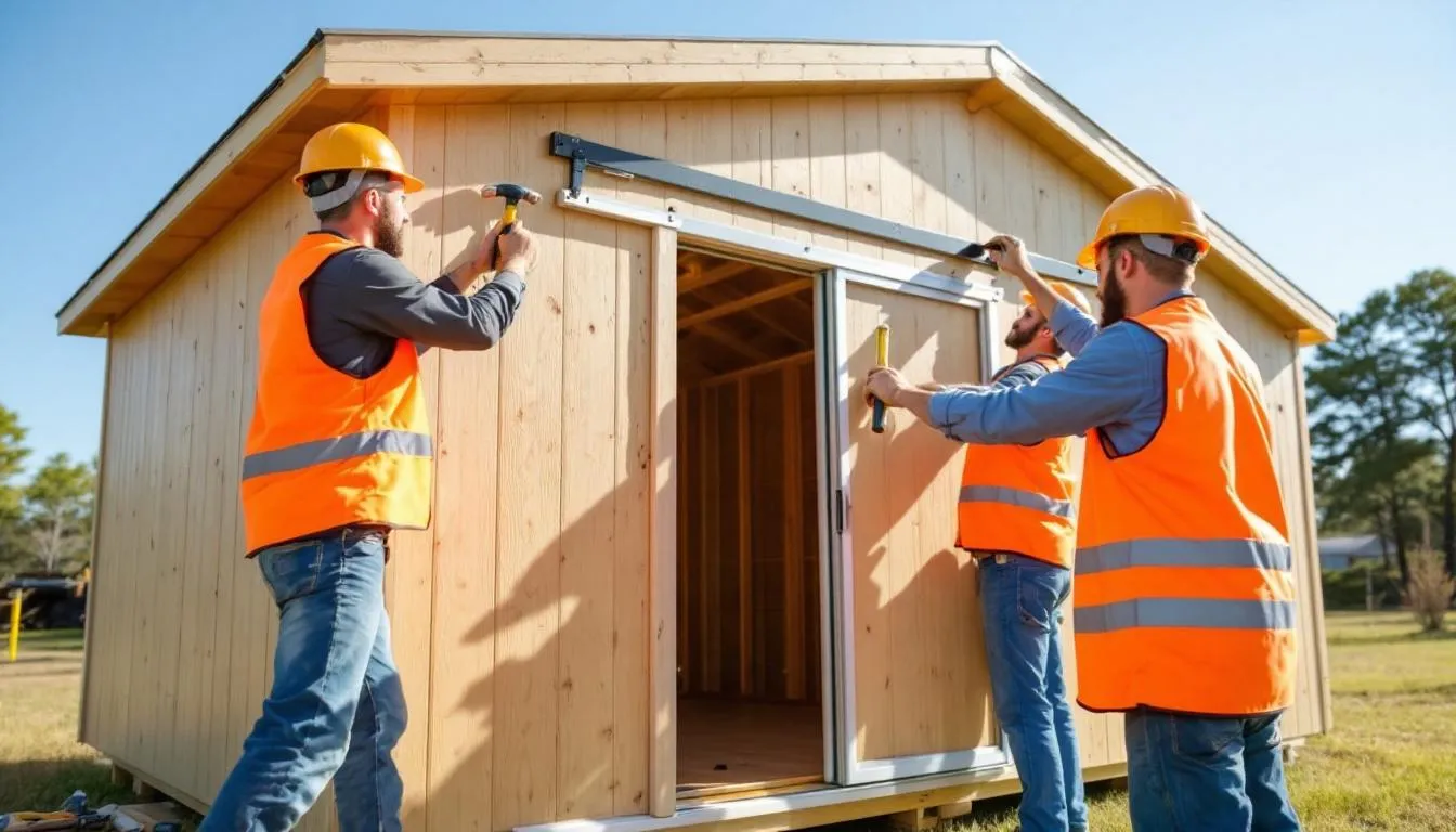 The image shows an installation team working diligently to assemble a custom garden shed, featuring specialized elements like double doors and a rubber roof. The scene highlights the team's commitment to quality service and the construction of high-quality sheds designed for extra storage space.