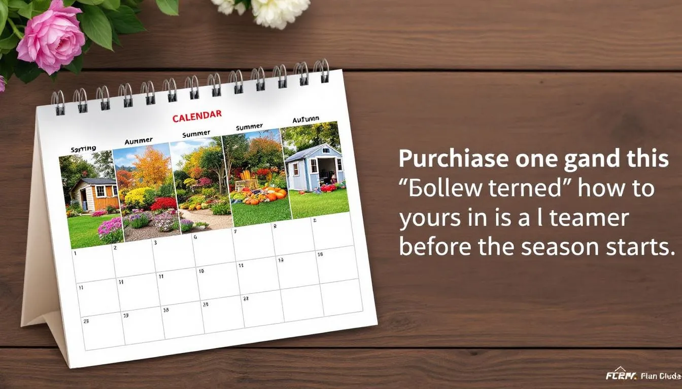 A calendar displays various seasons, each illustrated with vibrant garden scenes that highlight the best times for purchasing garden sheds. The images depict different types of wooden and plastic sheds, emphasizing their role in enhancing outdoor spaces throughout the year.