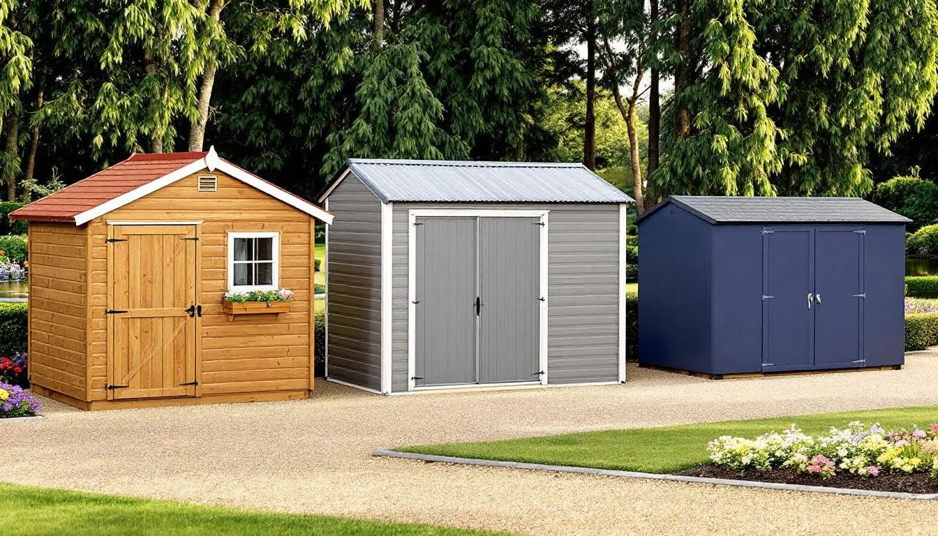 In a vibrant garden setting, various types of garden sheds are showcased, including wooden, metal, and plastic options, each designed to enhance outdoor space. The display highlights different styles, such as potting sheds and garden offices, emphasizing their functionality for storage and leisure activities.