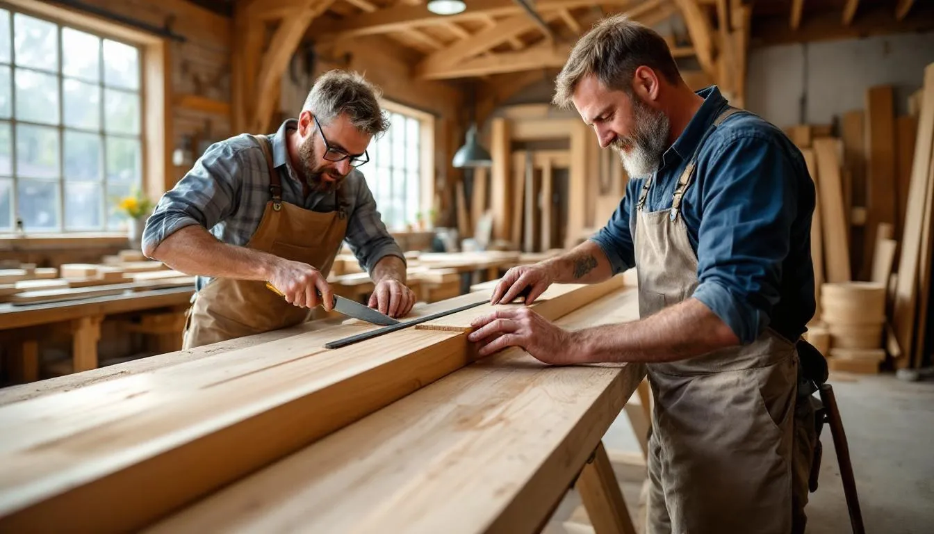 Alt text: A group of craftsmen skillfully working on a premium timber construction, showcasing traditional joinery techniques. The scene highlights the meticulous detail involved in creating garden buildings, such as summer houses and garden rooms, emphasizing quality and expertise in the craft.