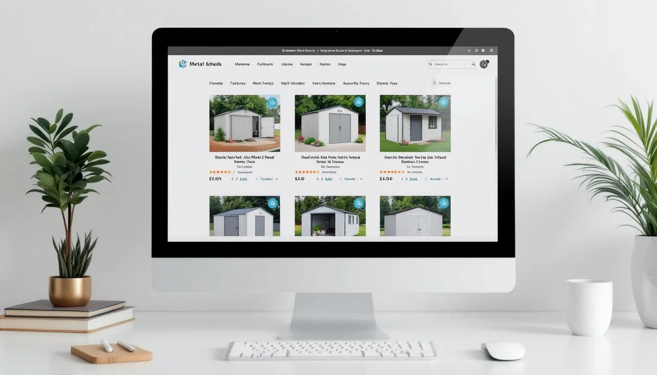 The image displays an online shopping interface featuring a comparison of various metal garden sheds, showcasing options with double doors, lockable doors, and large sizes made from durable galvanised steel. Users can explore different styles and colors, all designed to provide a secure storage solution for garden tools and belongings while ensuring air circulation and protection against the elements.