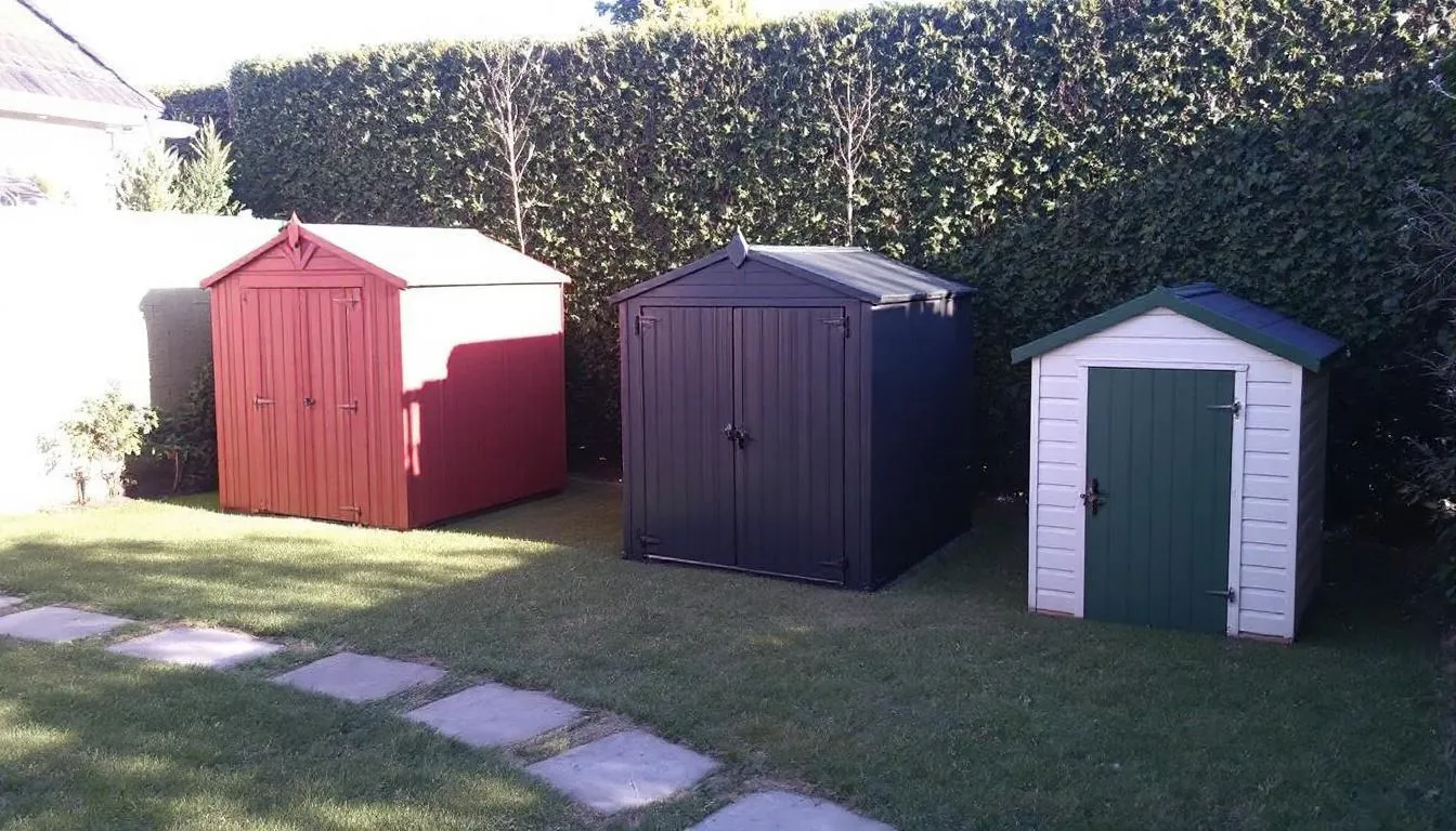 In a well-maintained backyard, a variety of garden sheds are displayed, showcasing different styles including wooden garden sheds and metal sheds. The outdoor space features options with apex and pent roofs, ideal for storing gardenining tools, highlighting a comprehensive range of quality products for sale.