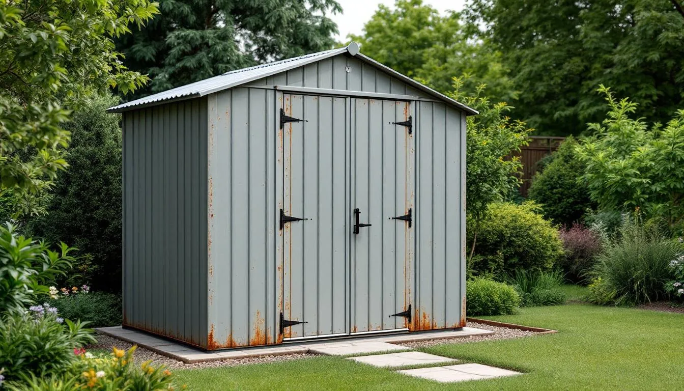 A metal garden shed with an apex roof is situated in a well-maintained garden, featuring double lockable doors and windows that allow natural light to enter. This durable storage solution, made from galvanised steel, is ideal for securely storing garden tools and belongings while providing protection from the elements.