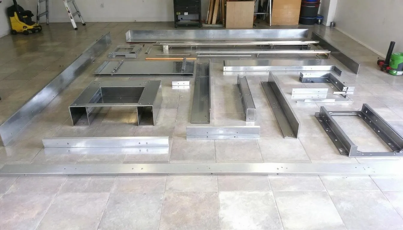 The image shows various components of a metal shed laid out for assembly, including panels, double doors, and roofing pieces, all made from durable galvanised steel. This organized arrangement highlights the essential parts needed for constructing a secure and maintenance-free storage solution for garden tools and belongings.