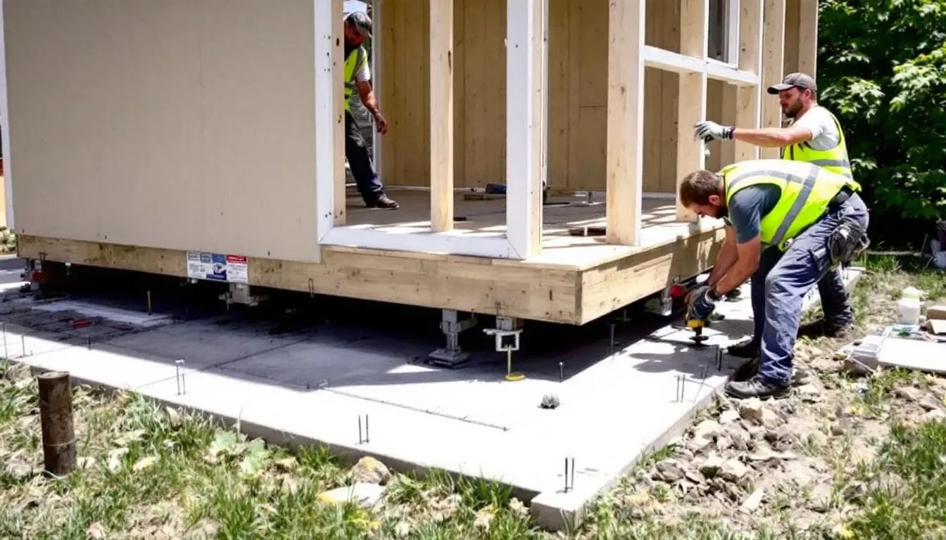 The image depicts a professional installation of a composite garden shed on a concrete foundation, showcasing a skilled assembly process that highlights the shed's durable and weather-resistant materials. This perfect storage solution is designed for outdoor use, providing low maintenance and robust protection for gardening tools and equipment.