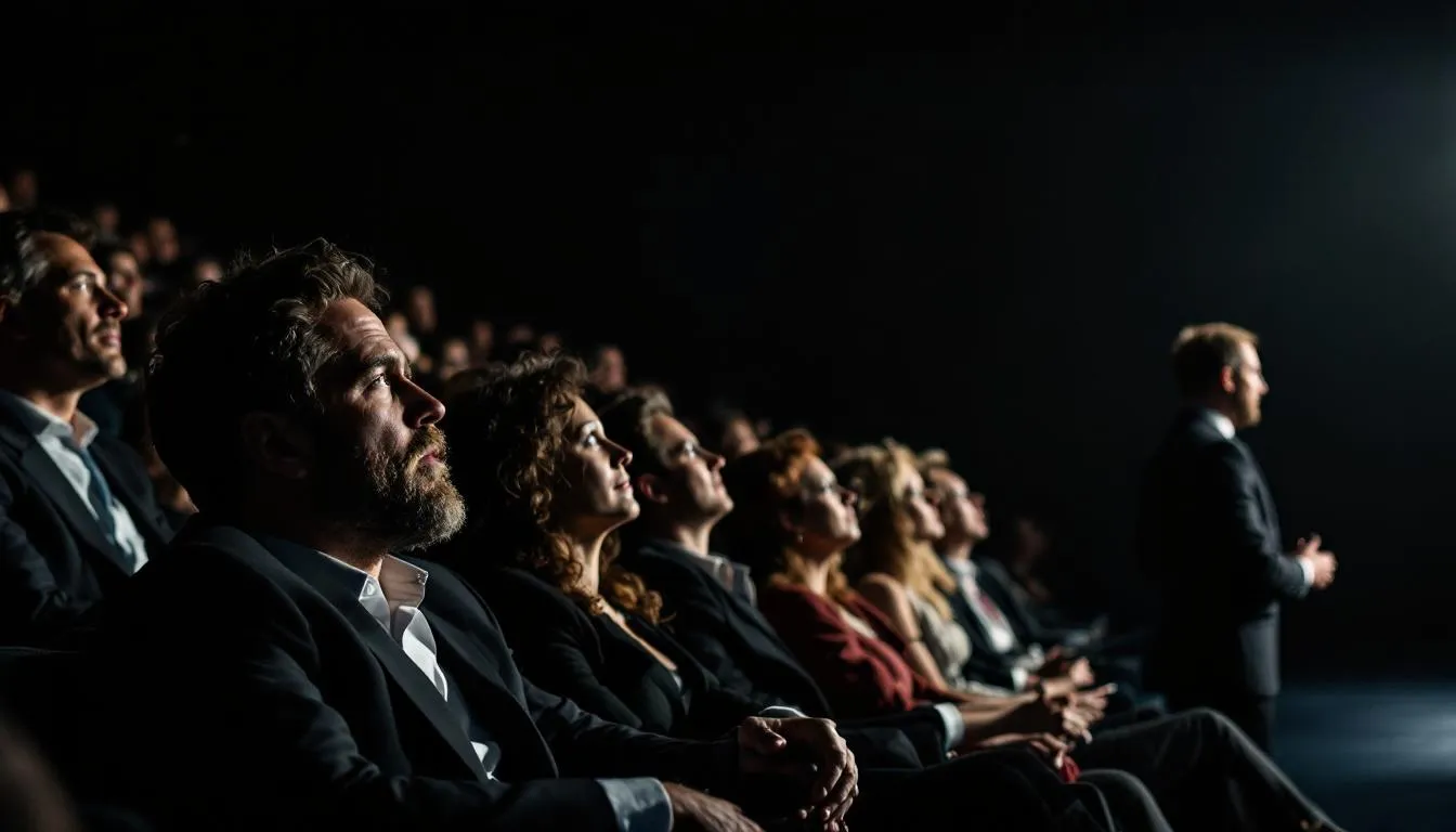 In a bustling theatre, an audience sits captivated, watching a dramatic performance on stage, fully engaged in the unfolding story. The atmosphere is electric as the show brings life to the characters, inviting the audience to experience the world of the play.